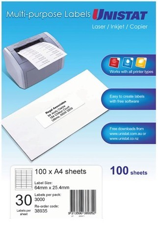 Unistat Labels 30Up 64x25.4mm 100 Shts / Box Laser/Inkjet/Copier